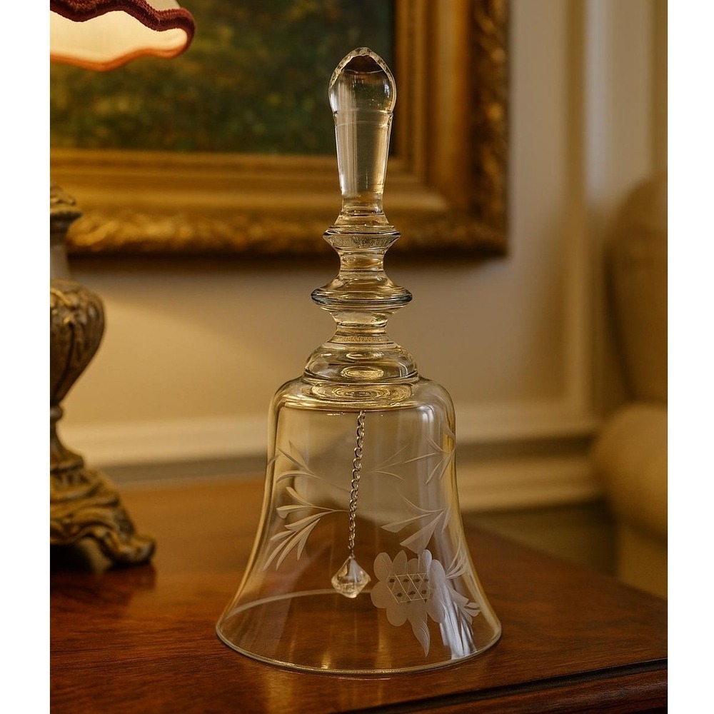 Vintage Etched Glass Bell Floral Pattern Clear Crystal Bell Decor